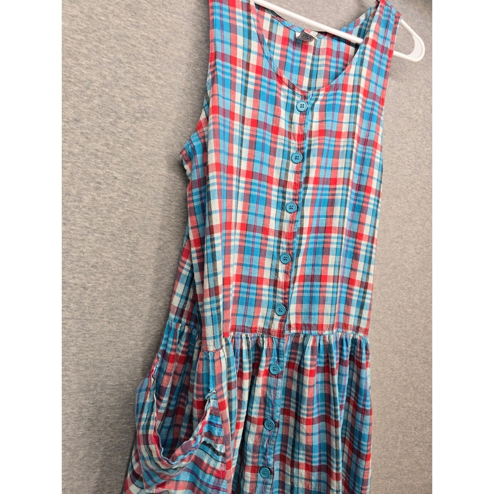 Vintage Plaid Button Front Sleeveless Midi Dress Blue Red White Pockets M